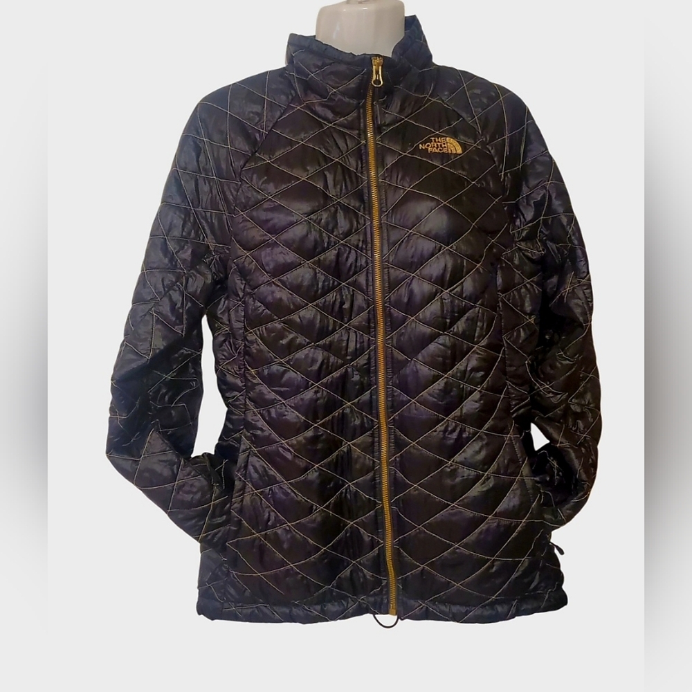 The North Face Quilted Puffer Jacket in Black with Gold Accents